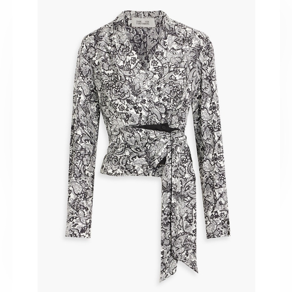 DVF Printed Wrap Blouse - Black & White Paisley